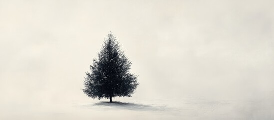 Solitary Christmas tree in a snowy landscape with a soft mist creating a serene and tranquil winter atmosphere for seasonal themes