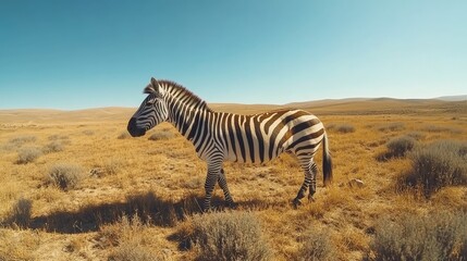 Fototapeta premium Zebra grazing on a sunny field showcasing its iconic stripes against a clear blue sky.