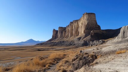 Fototapeta premium Stunning rocky formations of Sierra del Cabezo under a clear blue sky with expansive grassland in foreground showcasing natural beauty.