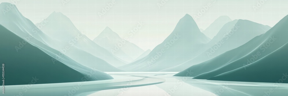 Aufkleber Serene mountain range with a winding river under a minimalist style mock up for text placement. Generative AI