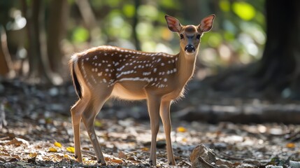 Sika deer in lush forest habitat displaying natural behavior during breeding season with sunlight filtering through foliage