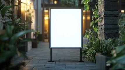 Blank outdoor signboard mockup in a lush green garden setting with warm lighting for advertising or informational purposes