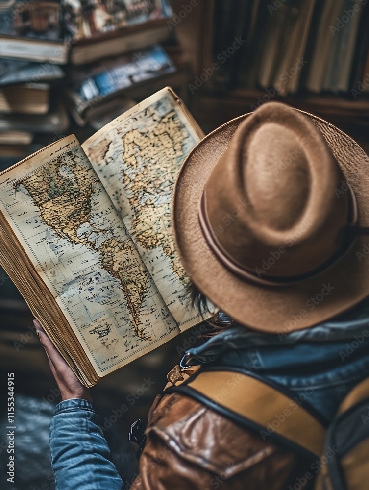 Poster Traveler in Hat Exploring Ancient World Map in Old Library Setting : Generative AI