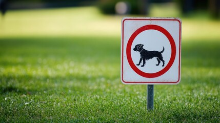 Sign prohibiting dogs on the grass in a park or recreational area with vibrant green lawn background