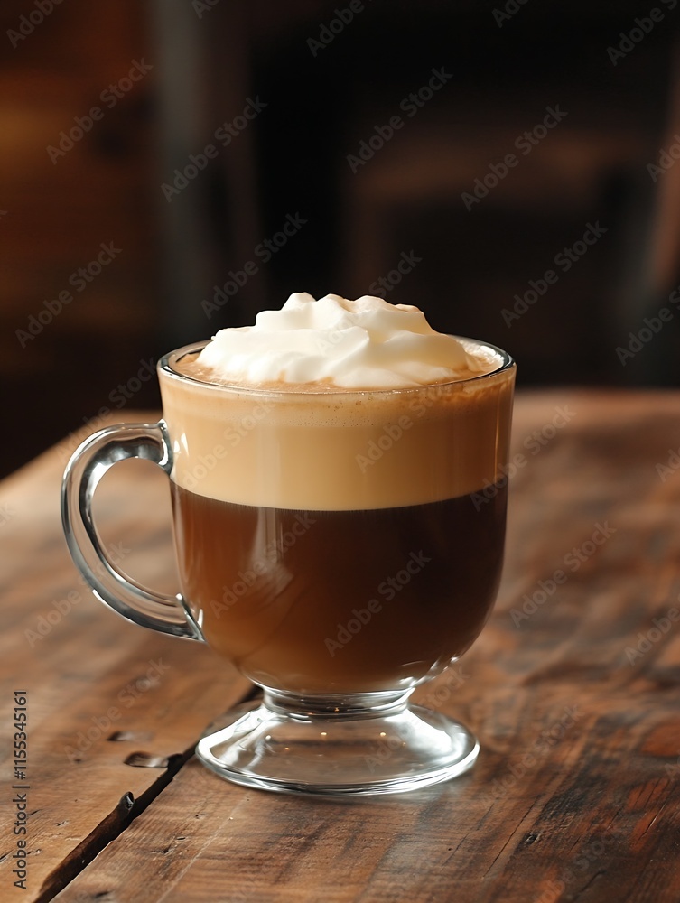 Poster Steaming mug of coffee with creamy foam on rustic wooden table : Generative AI