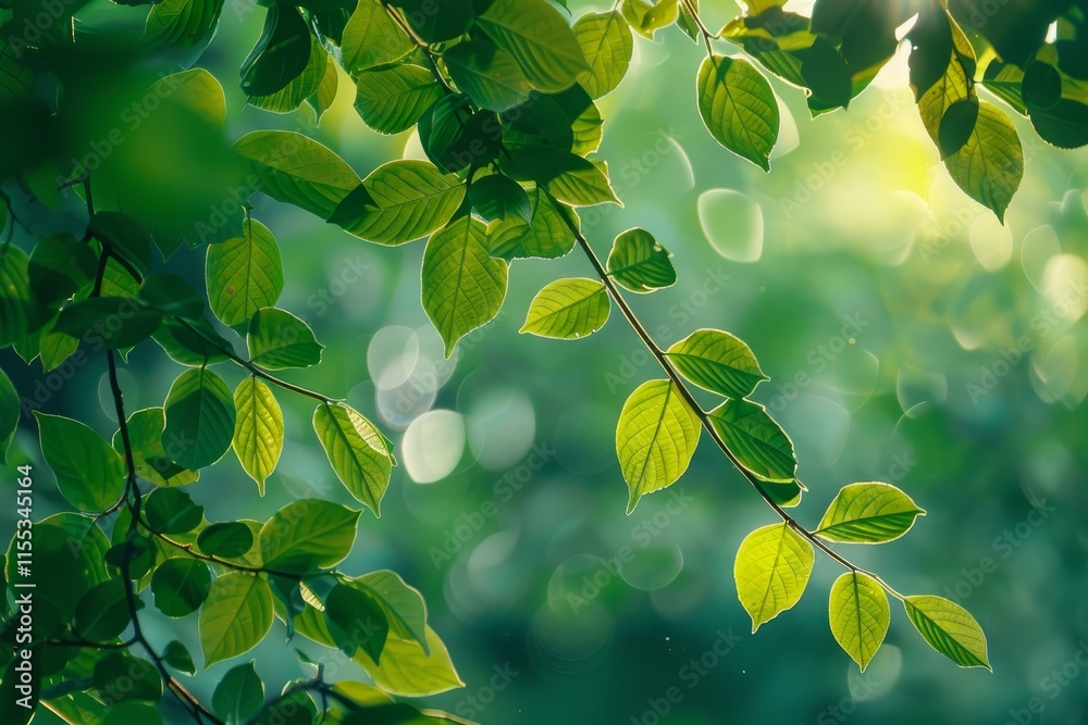 Fototapete bright sunlight filters through vibrant green leaves on a tree branch, creating a serene and natural