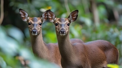 Obraz premium Sika deer pair in natural habitat during rutting season showcasing mating behavior in lush greenery