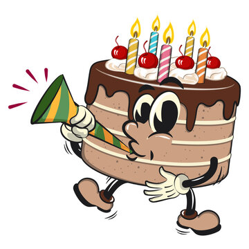 recommend clip art: cute birthday chocolate cake cartoon character mascot blow the party horn trumpet, work of hand drawn