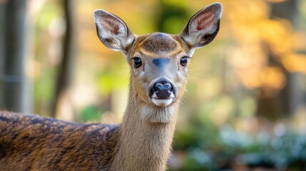 Obraz premium Sika deer portrait in a serene forest setting showcasing autumn foliage and natural beauty.