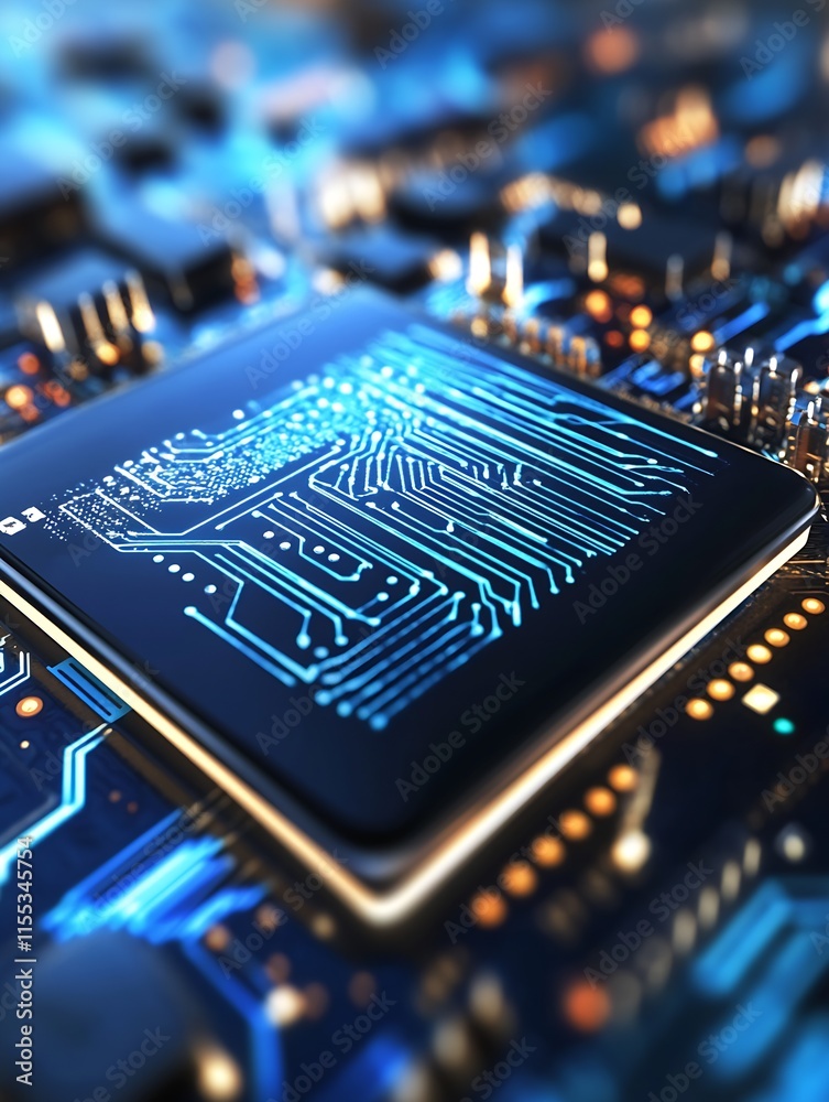 Fototapete futuristic microchip closeup with blue electronic circuit pattern : generative ai