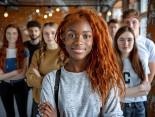 Fototapeta premium A diverse group of young people stands confidently together in a modern office setting. The atmosphere is collaborative and energetic.