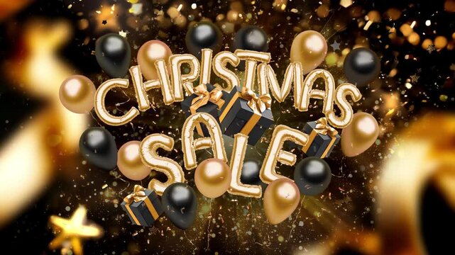 Decorative inflated foil balloon 2025 sale christmas font, confetti falling, 3d rendering. Decor balloons character for nativity sales, cheerful animated background. Twenty five new year template.