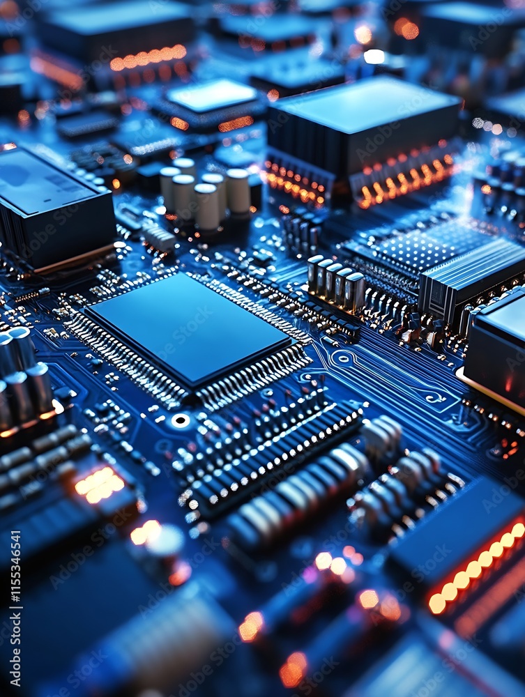 Aufkleber High Tech Circuit Board with Microchips and Glowing Connections Technology : Generative AI