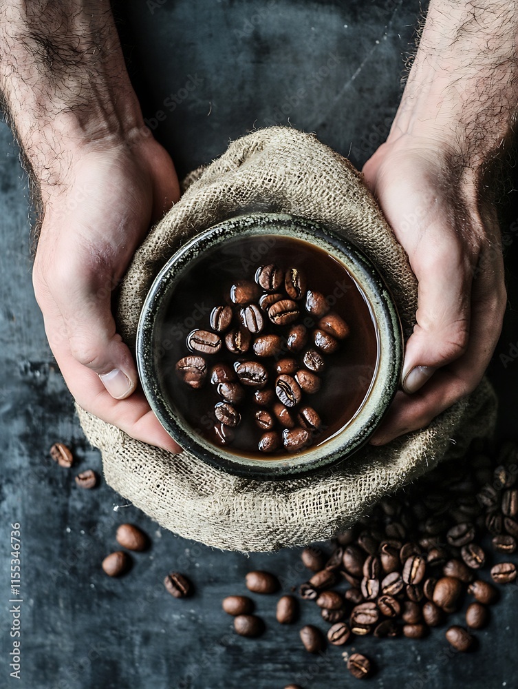 Poster hands holding rustic coffee mug with fresh coffee beans : generative ai
