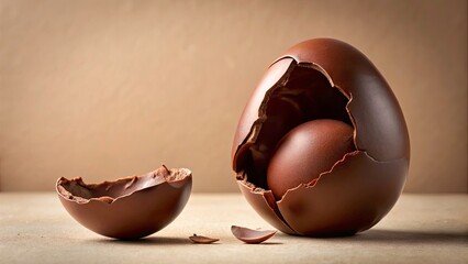 Broken Milk Chocolate Easter Egg, Flying Lid, Light Background, Vertical Photo