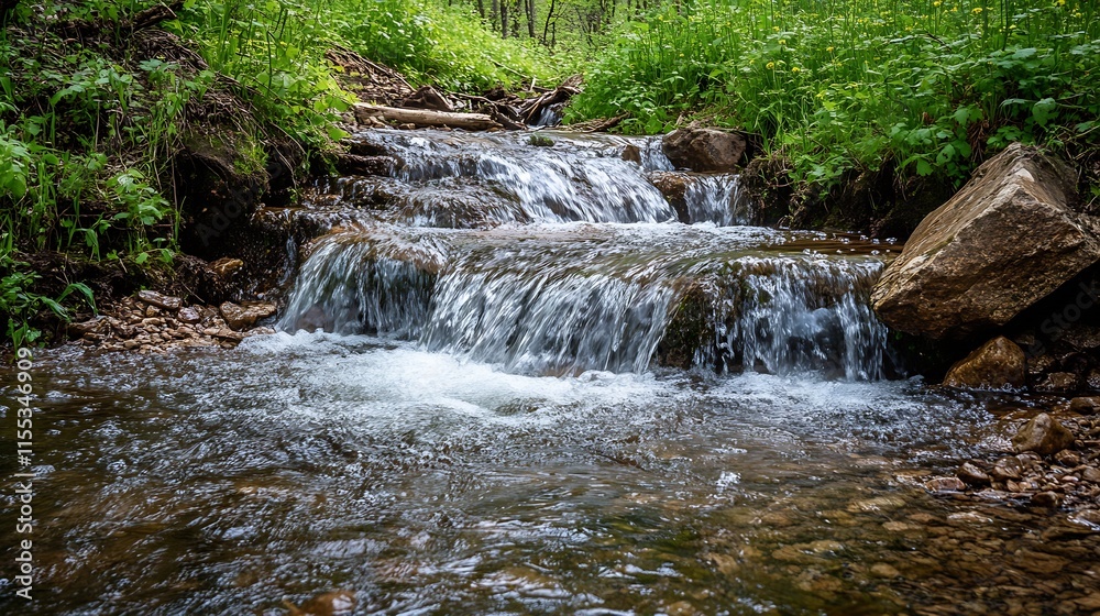 Poster tranquil flowing stream in lush forest nature scenery : generative ai