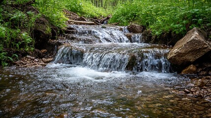 Tranquil Flowing Stream in Lush Forest Nature Scenery : Generative AI