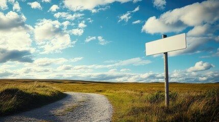 Signpost on a tranquil landscape with blank space for personalization against a backdrop of blue skies and fluffy clouds
