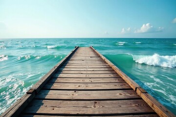 Obraz premium Weathered wooden dock stretching into the sea, waves, nautical theme