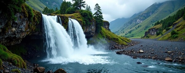 Naklejka premium Waterfall flowing down rocky hillside in cloudy weather, waterfall, wild