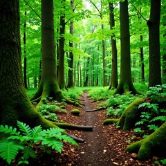 Trees lie still in the forest floor, covered with moss and ferns, wilderness, nature silence
