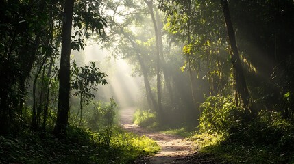 Obraz premium Serene Morning Walkway in Lush Green Forest with Sun Rays Streaming Through Trees : Generative AI