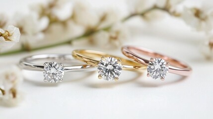Fototapeta premium Trio of elegant diamond rings in gold, silver, and rose settings with floral background