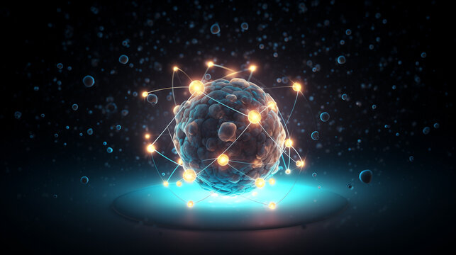 A glowing, networked sphere of nanospheres floats in dark space. Particles orbit, interconnected by glowing lines. The scene is a digital rendering of quantum entanglement.