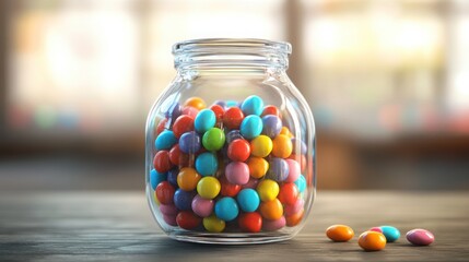Colorful candies in glass jar on wooden table.