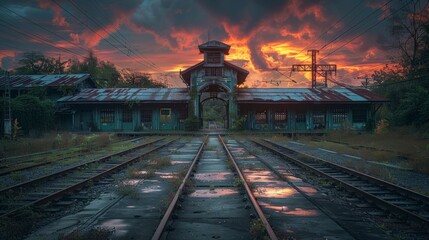 Naklejka premium Abandoned train station at sunset, dramatic sky, rusty buildings, overgrown tracks.