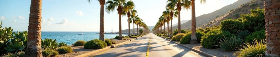 Palm trees on either side of a winding road that leads to the coastal promenade, palm tree lined road, cacti plants, succulent trees