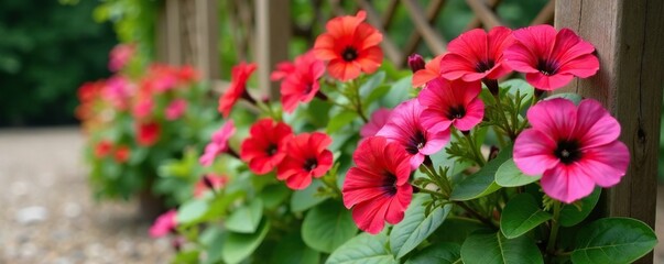 Petunia flowers blooming on a trellis in a garden, gravel, trellis
