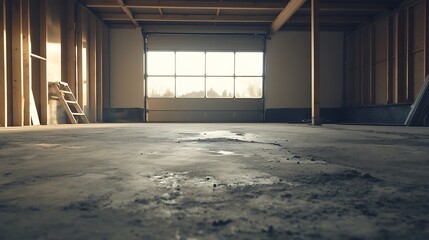 Wide Shot Photo: Empty Warehouse Interior Under Construction, Showing Raw Concrete Floor. AI Generated
