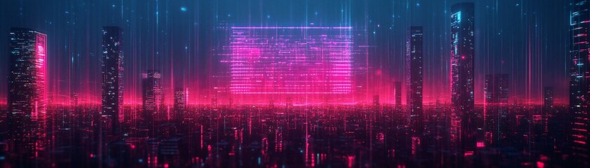 Digital transformation in a futuristic city, glowing holographic data streams floating above the skyline.