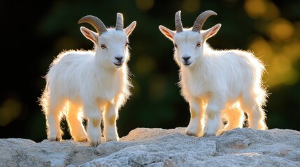 Obraz premium Two adorable white baby goats standing on rocks in golden sunlight.