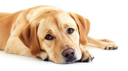 Adorable Labrador Retriever lying on white background looking attentive : Generative AI