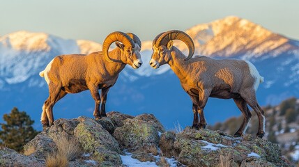 Naklejka premium Two bighorn sheep facing off on mountaintop at sunrise.