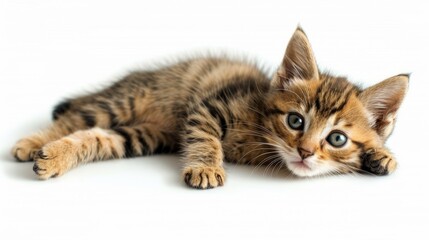 Fototapeta premium Adorable tabby kitten lying down on white background.