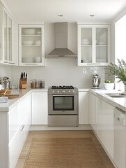 Modern Minimalistic White Kitchen Interior with Stainless Steel Appliances and Natural Light : Generative AI