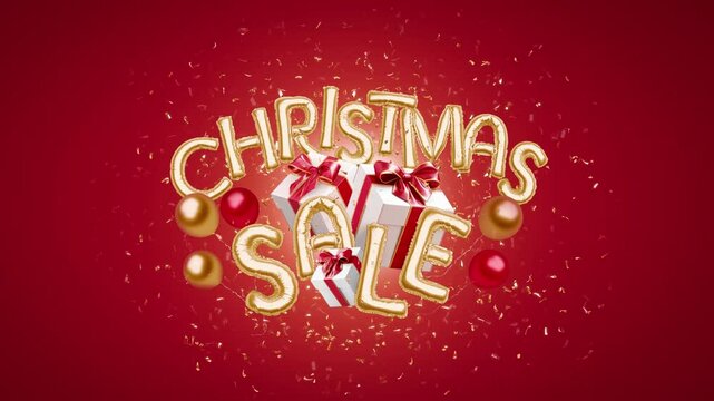 Decorative inflated foil balloon 2025 sale christmas font, red background, 3d rendering. Mylar typeset for cristmas discount ornament with falling confetti. Moving helium balls template.