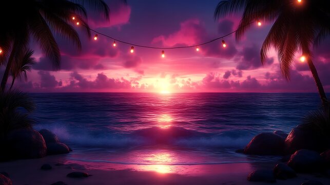 Vibrant sunset over tropical beach with string lights.