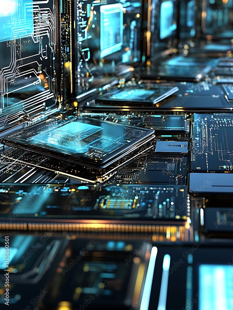 Aufkleber Futuristic Network of Circuit Boards and Microchips Representing Advanced Technology and Digital Innovation : Generative AI
