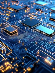 Obraz premium HighTech Blue Circuit Board with Microchips and Glowing Connections : Generative AI