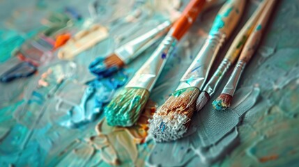 Obraz premium A set of colorful paintbrushes arranged on a canvas, with the background softly blurred to emphasize the creativity and artistry of the tools