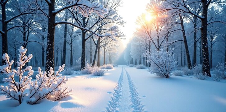 Frosty forest landscape with snow-covered trees and bare branches, , winter