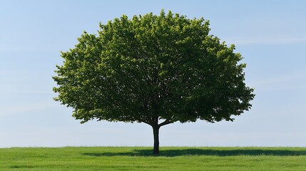 Fototapeta premium Solitary Oak Tree in Lush Green Field Under Clear Blue Sky on Sunny Day : Generative AI