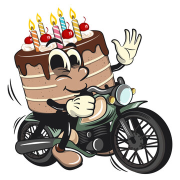 recommend clip art: cute birthday chocolate cake cartoon character mascot riding a big motorcycle, work of hand drawn