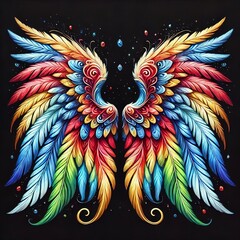 Obraz premium Colorful Angel Wings Illustrated on a Dark Background. Created with Generative AI Technology