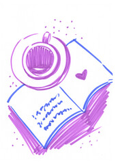 A cup of coffee or tea with a book, top view, drawing on a white background. A notebook with a mug of tea, an illustration with a felt-tip pen. Sketch, book icon, doodle drawing