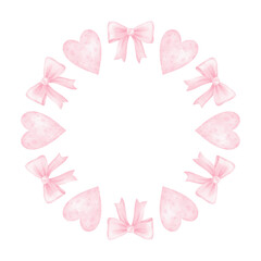 heart, bow. Watercolor round frame template in pastel colors for textile and wrapping paper. Cute watercolor illustration for Valentine's Day